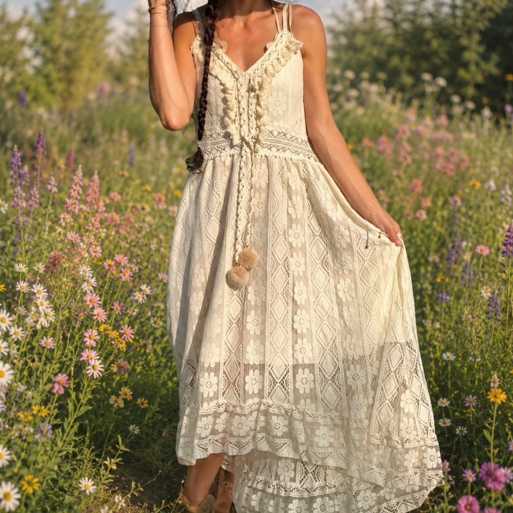 Boho off white lace flowy summer maxi dress- XL
